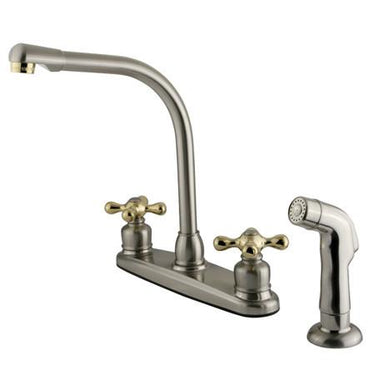 Kingston Brass Victorian High Arch Kitchen Faucet with Cross Handles and Sprayer, Satin Nickel with Polished Brass Kitchen Faucet Kingston Brass